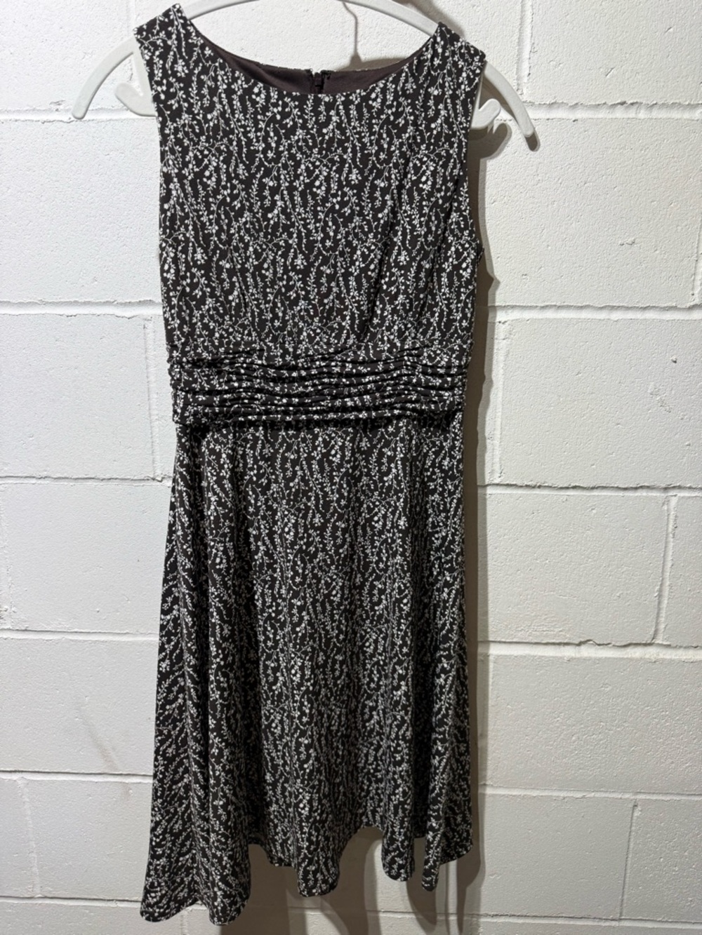 Sleeveless Brown and White Patterned A-Line Dress